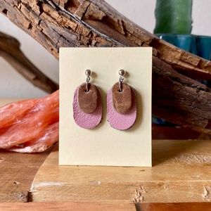 Leather Earrings Oval Pink and Tan Lightweight Geometric Push Back